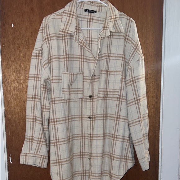 Plaid Button-Down Shirt in Cream and Tan - Picture 1 of 5